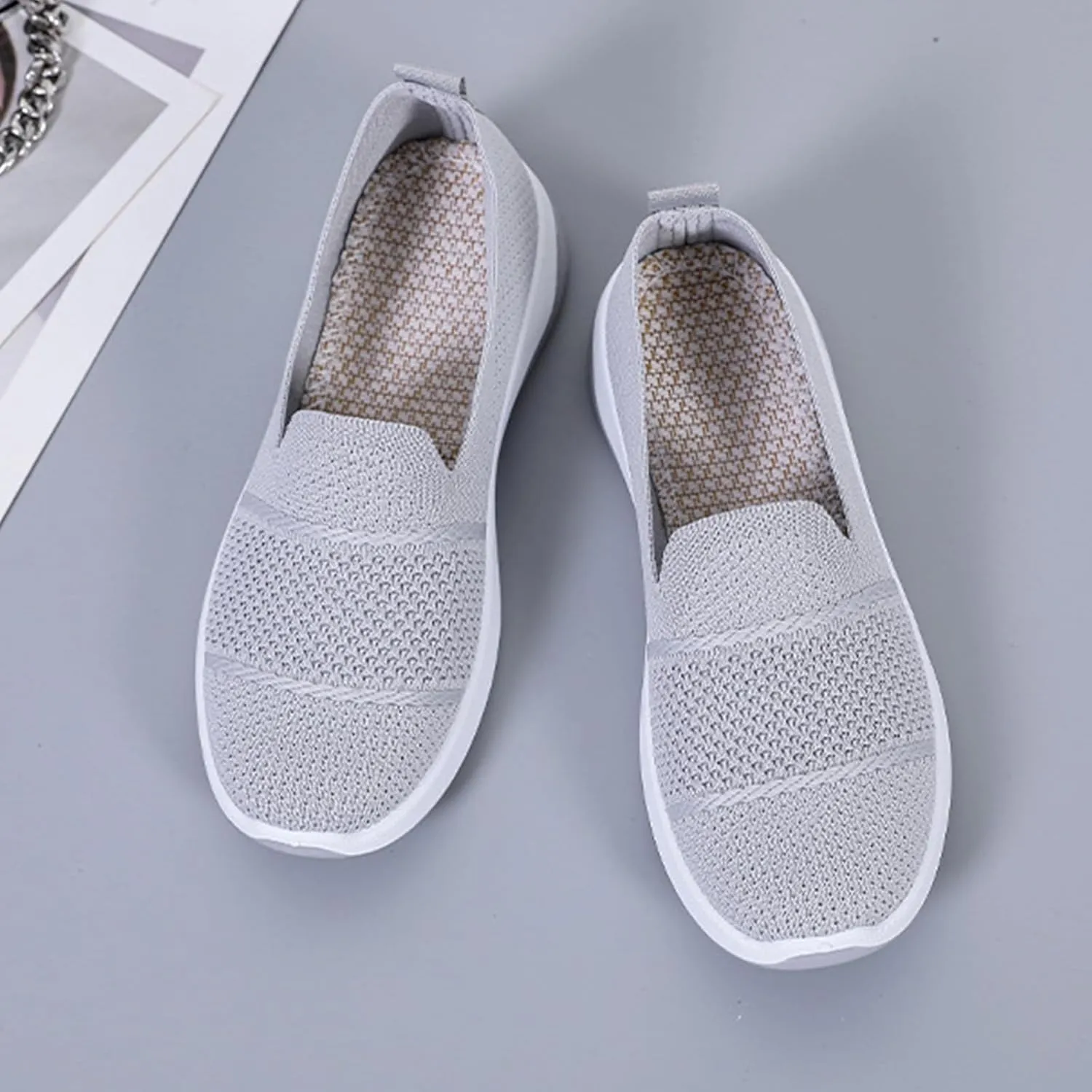 ZWRXW Slip On Orthopedic Sneakers Women Knitted Woven Breathable Soft Shoe Casual Mesh-Comfortable Tennis Shoes Arch Support Diabetic Foam Walking Shoes Workout Athletic Sneakers