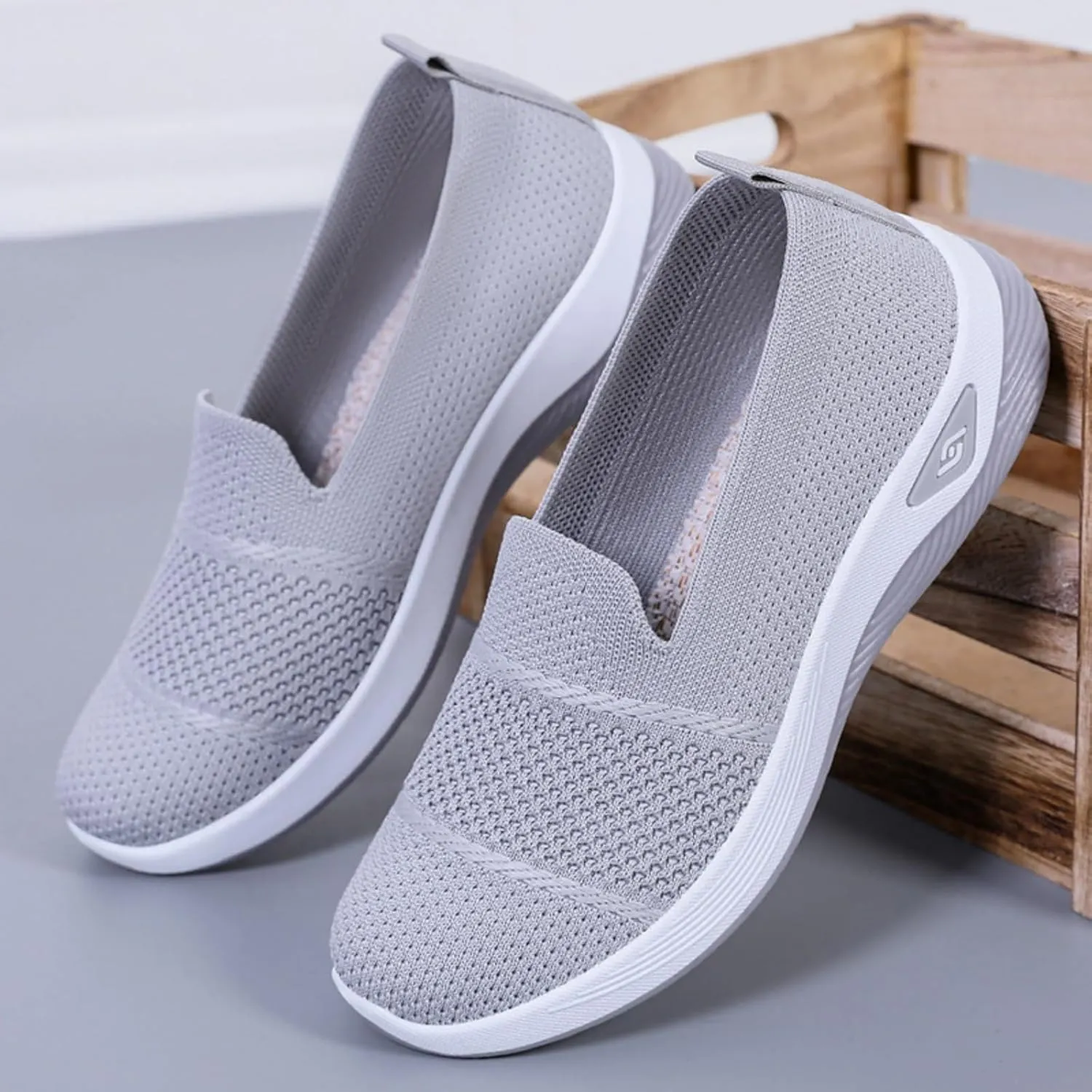 ZWRXW Slip On Orthopedic Sneakers Women Knitted Woven Breathable Soft Shoe Casual Mesh-Comfortable Tennis Shoes Arch Support Diabetic Foam Walking Shoes Workout Athletic Sneakers